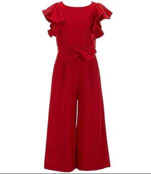 GB Girls Red Flutter Sleeve Wide Leg Jumpsuit with Waist Tie